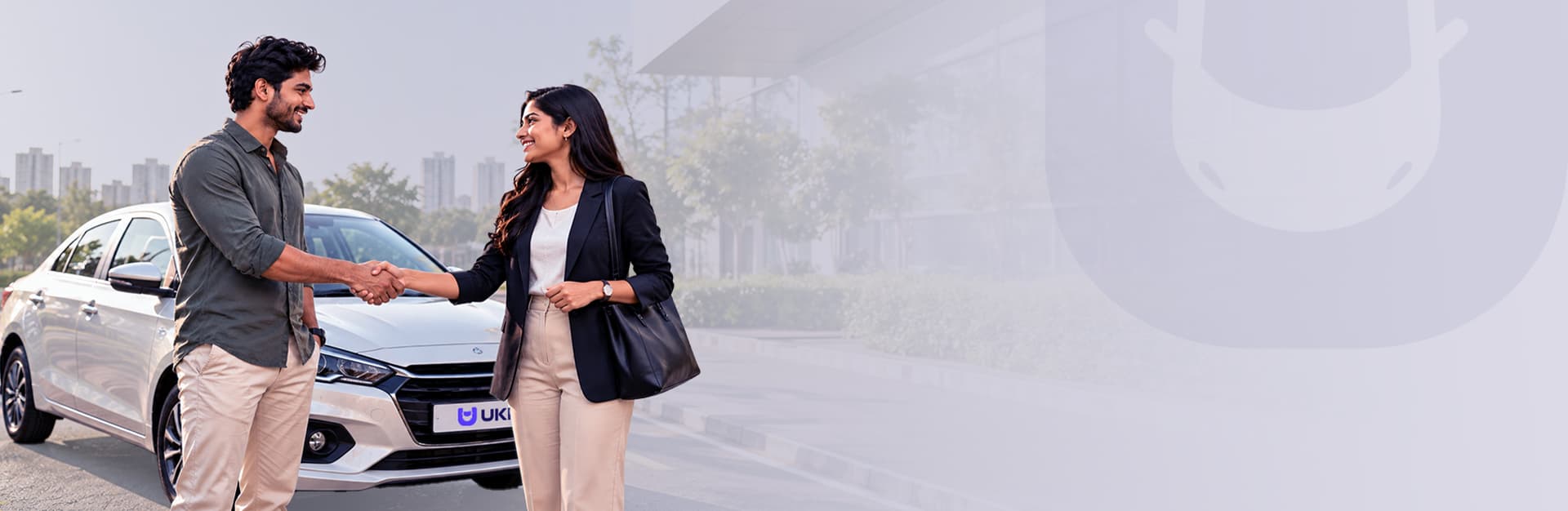 A buyer and a seller shaking hands beside a white hatchback